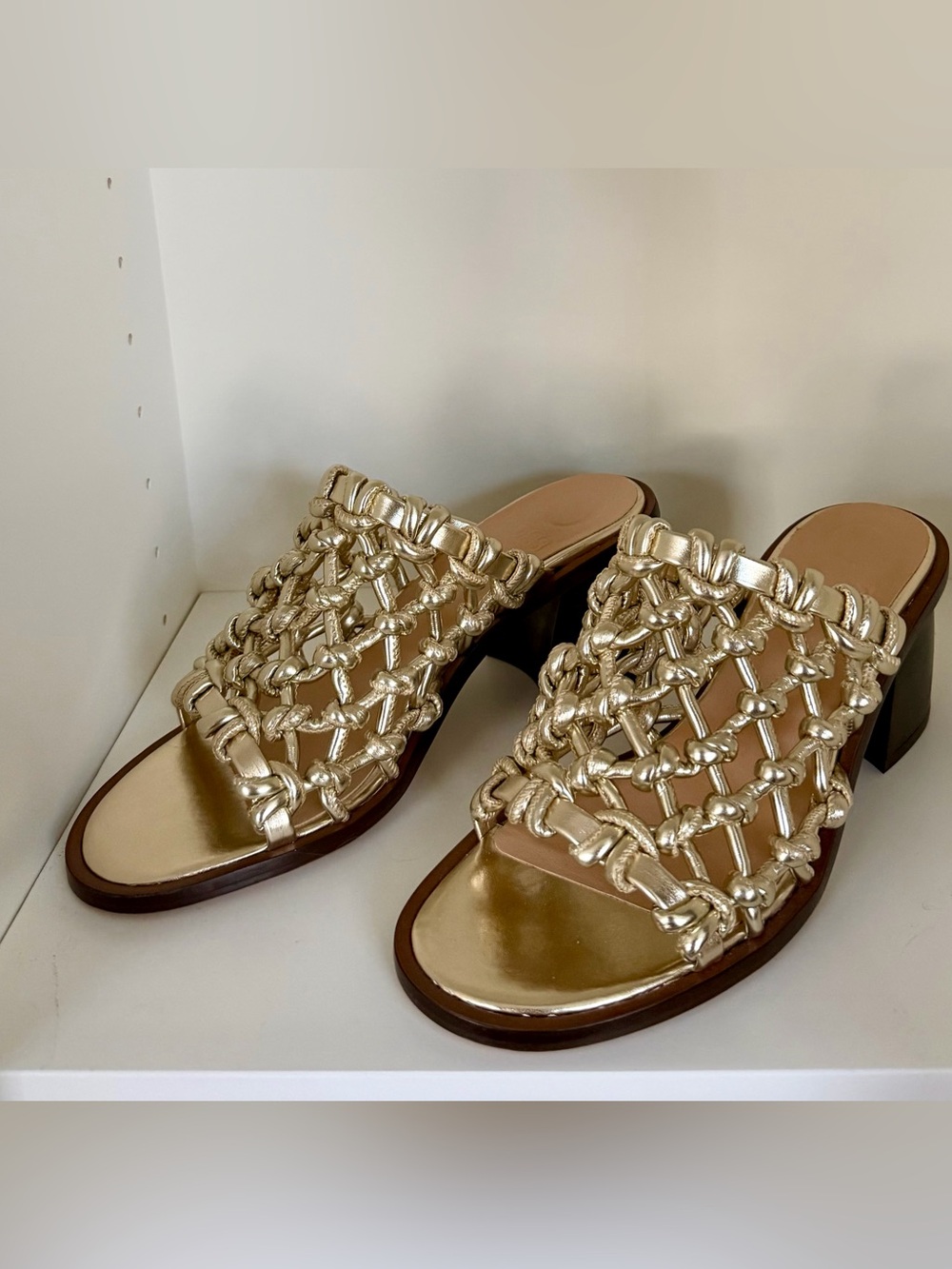 Odissi Nour Italian Gold Braided Block Heel Slide Sandals Size 8